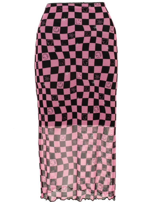 Hell Bunny x Smiley Distortion Mesh Midi Rock Schwarz Rosa Zu verkaufen