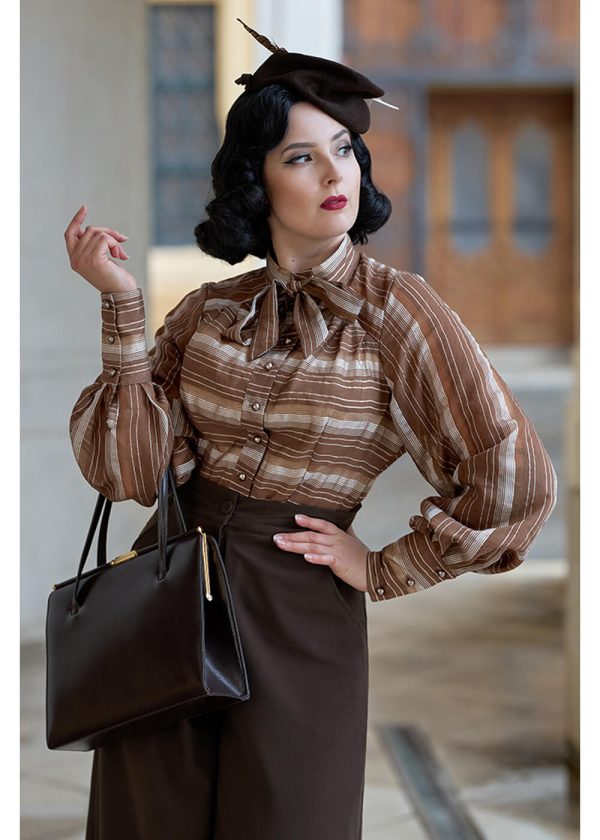 Miss Candyfloss Fulande Mocha Stripe 40 s Bluse Dunkelbraun Im Angebot