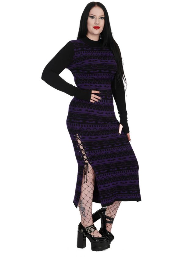 Banned Alternative Bat Bone Strickkleid Schwarz Lila Im Angebot – Bild 4
