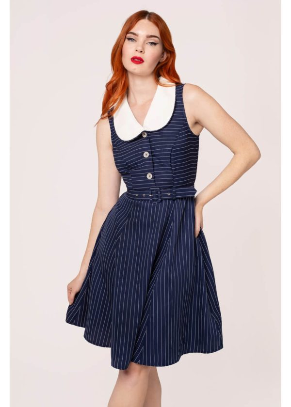 Hell Bunny Costello Pinstripe 40 s Swing Kleid Navy Online-Verkauf