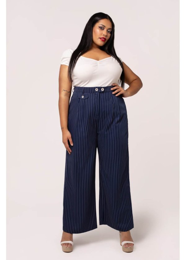 Hell Bunny Costello Pinstripe 40 s Hose Navy Mode – Bild 2