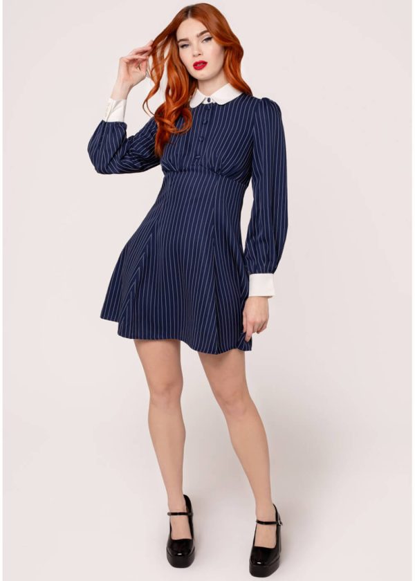 Hell Bunny Costello Pinstripe 40 s Kurzes Kleid Navy Verkauf – Bild 5