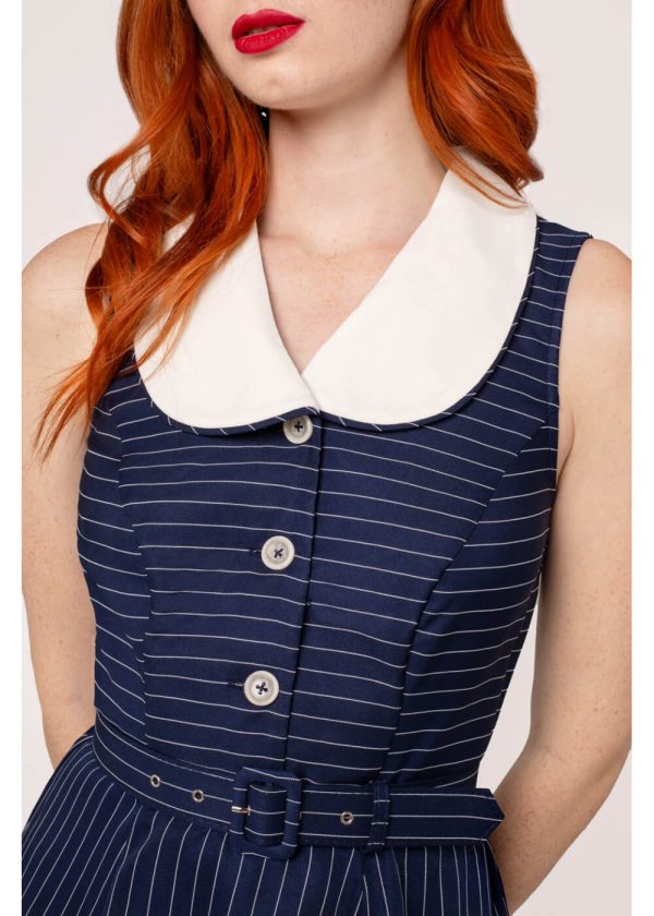 Hell Bunny Costello Pinstripe 40 s Swing Kleid Navy Online-Verkauf – Bild 4