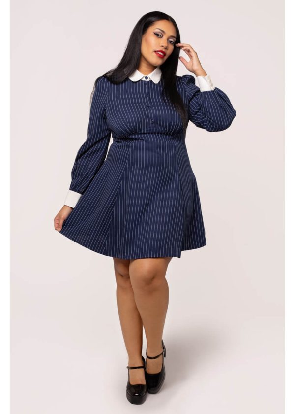 Hell Bunny Costello Pinstripe 40 s Kurzes Kleid Navy Verkauf – Bild 2