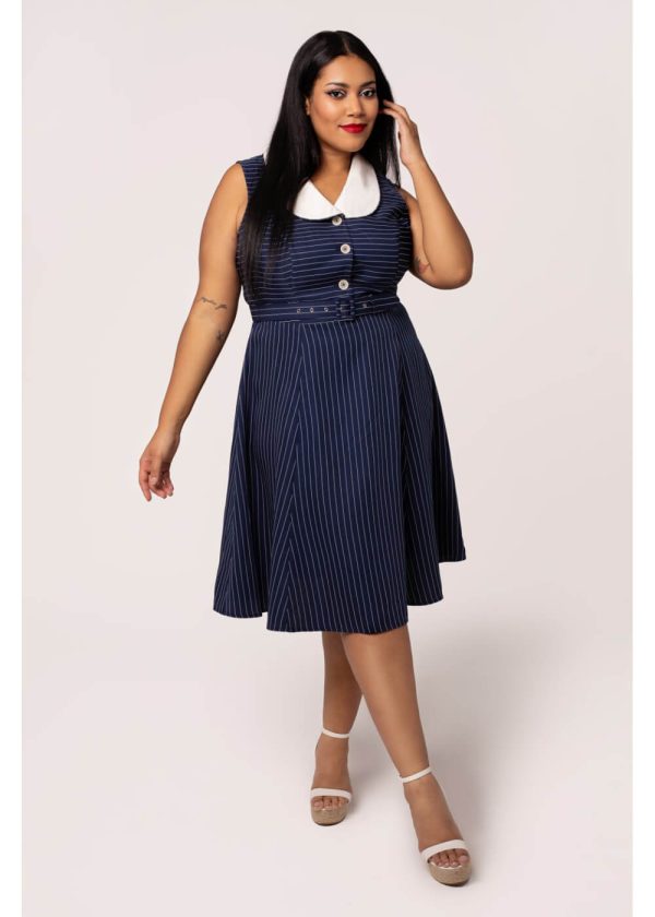 Hell Bunny Costello Pinstripe 40 s Swing Kleid Navy Online-Verkauf – Bild 2
