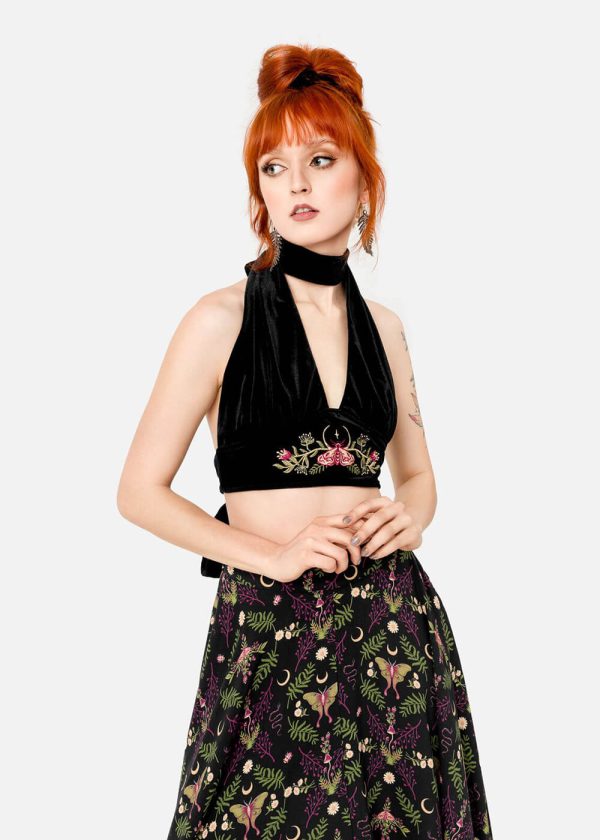 Restyle Woodland Bloom Moth Halter Top Schwarz Rabatt