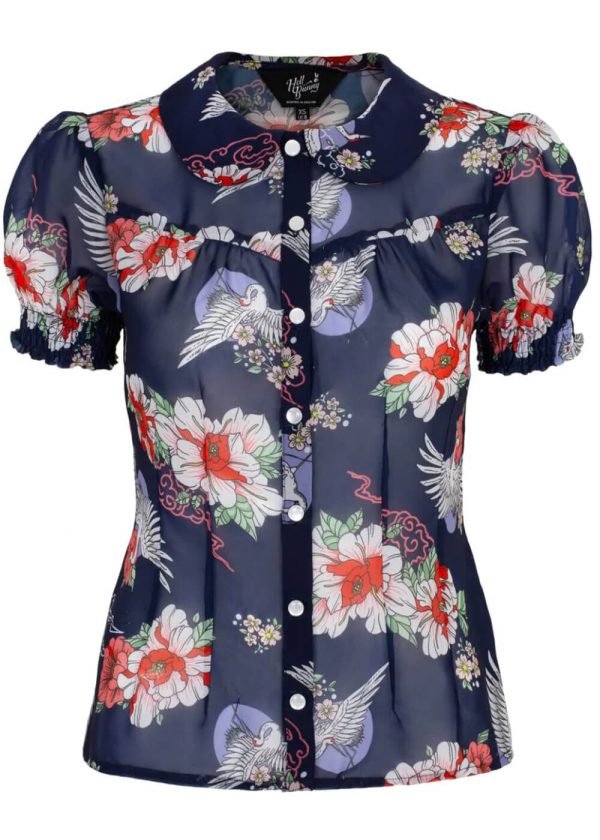 Hell Bunny Misa Crane 40 s Bluse Navy Online-Schn?ppchen