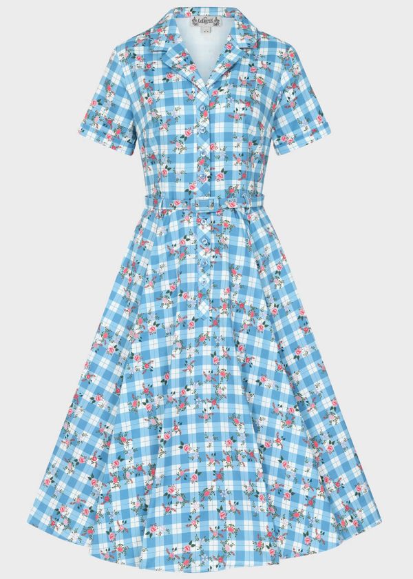 Collectif Caterina Gingham Garden 50 s Swingkleid Blau Schn?ppchen