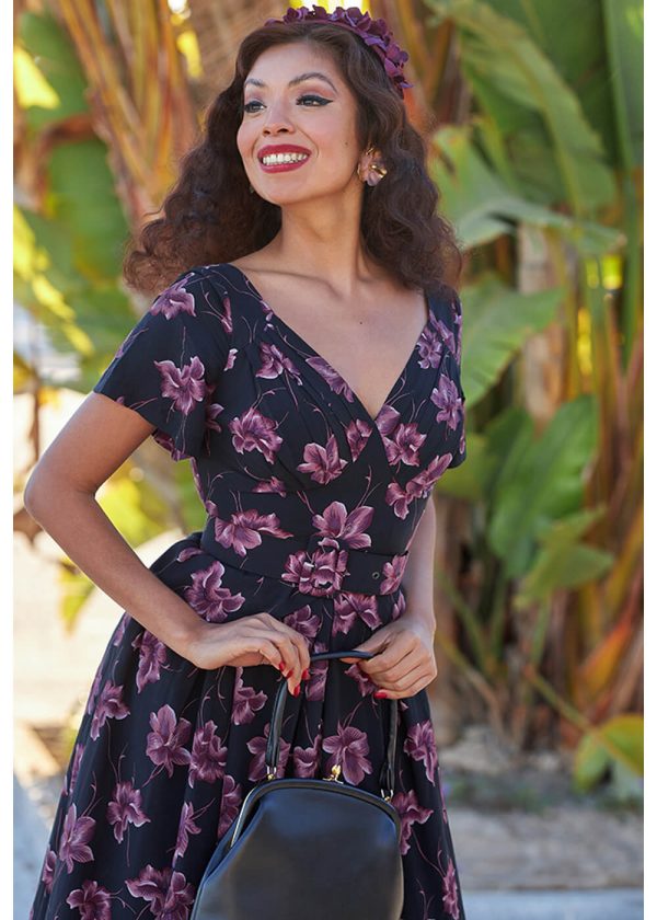 Miss Candyfloss Diana Lou Floral 40 s Swingkleid Schwarz Lila Angebot – Bild 2
