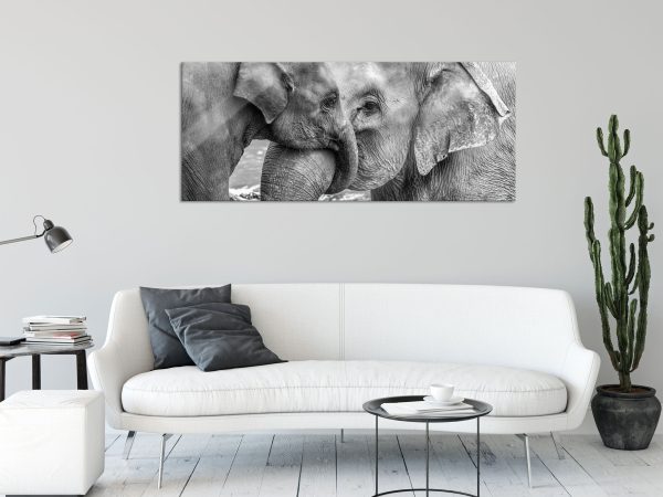 Elefantenmutter mit Kalb B&W, Glasbild Panorama Online – Bild 2