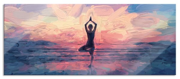Yoga am Strand Kunst, Glasbild Panorama Mode